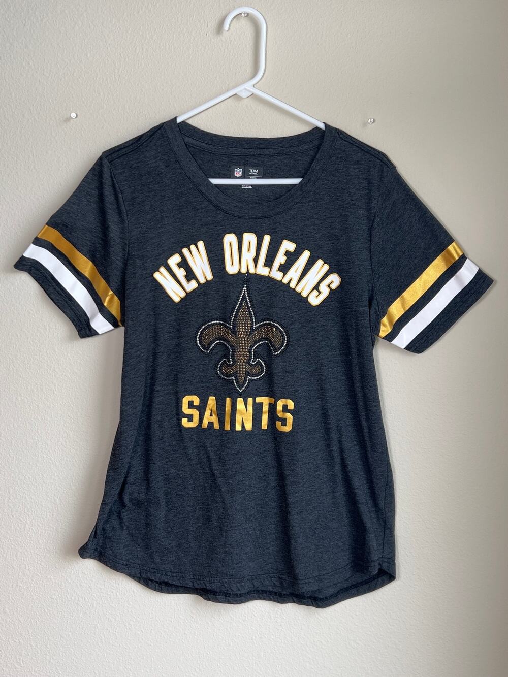 NFL New Orleans Saints Bling T-Shirt - Women's Striped Sleeve Tee Charcoal Grey